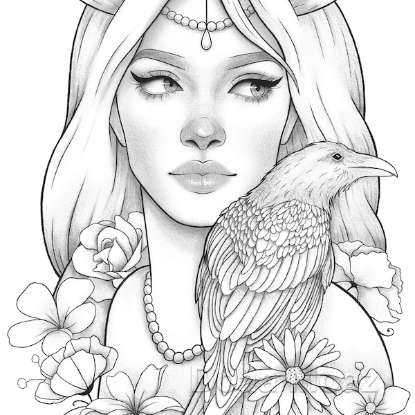 Adult coloring page - Fantasy girl bird portrait