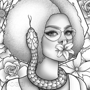 Printable Coloring Page Black Girl Floral Portrait 
