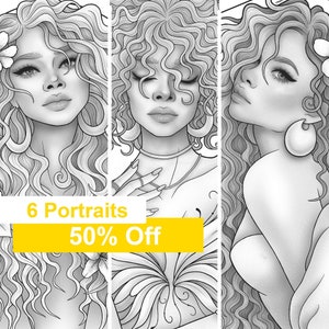 Adult coloring book - 6 Black girls floral fantasy portraits