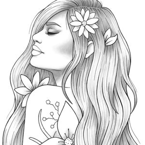 Printable Coloring Page Fantasy Floral Girl Portrait Wearing Mask