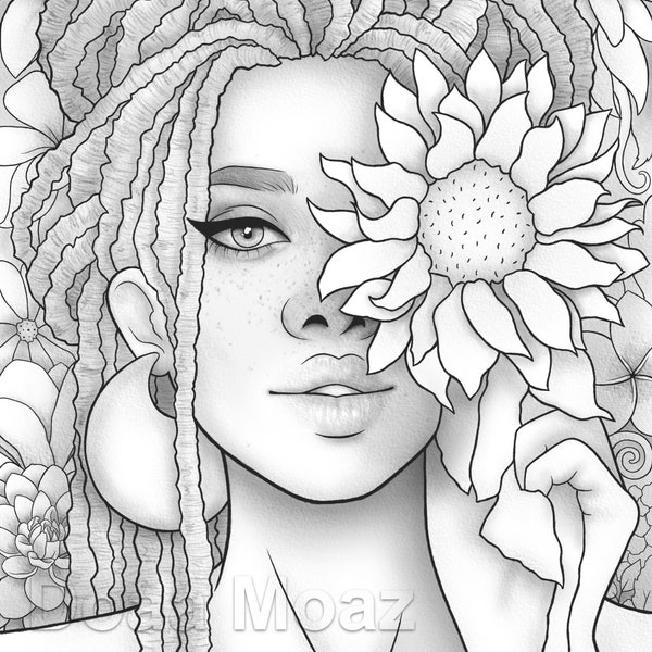 Printable coloring page - Black girl floral portrait