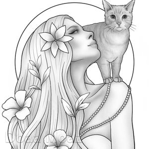 Printable coloring page - Fantasy character girl cat floral portrait