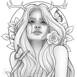 Printable coloring page - Fantasy character girl floral portrait