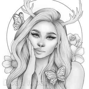 Printable coloring page - Fantasy character girl floral portrait