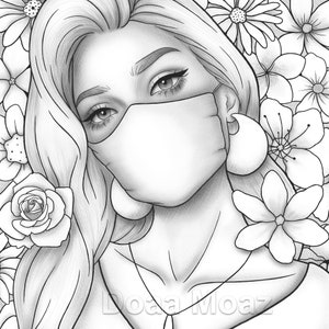 Printable coloring page - Fantasy floral girl portrait wearing mask