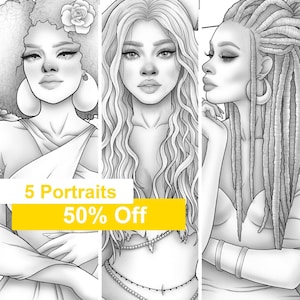 Adult coloring book - 5 Fantasy character black girl portraits