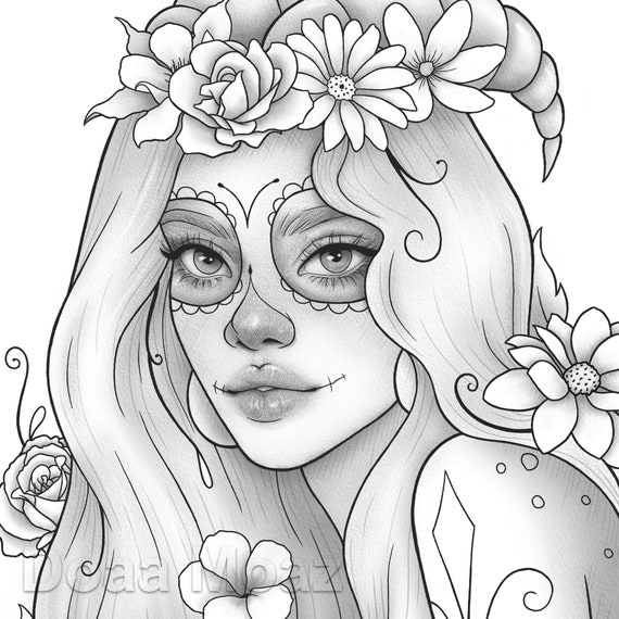 Printable Coloring Page Fantasy Floral Girl Portrait Wearing Mask