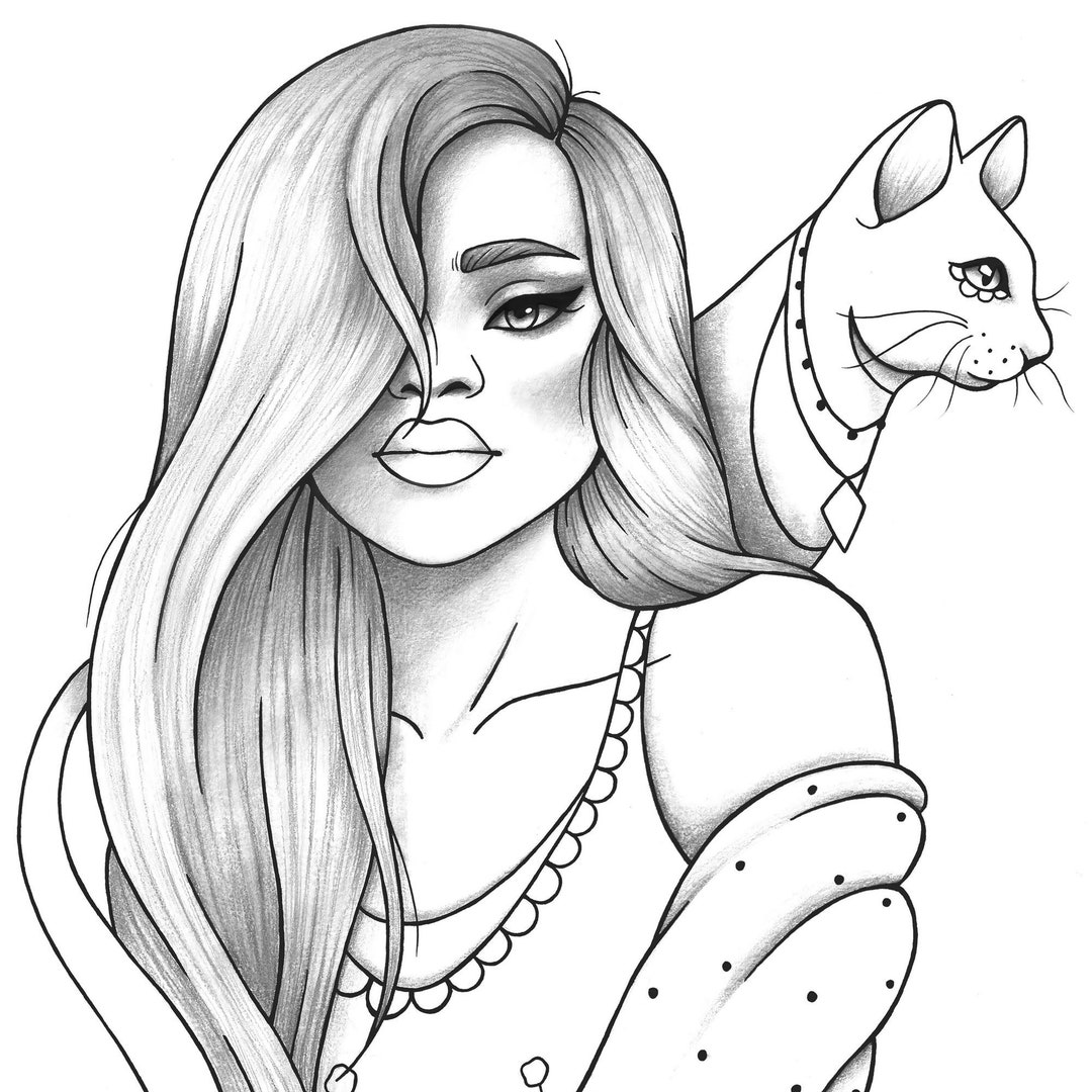 Printable Coloring Page Girl Portrait and Cat Colouring Sheet Animals ...