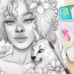 Printable coloring page Black girl floral animal portrait image 4