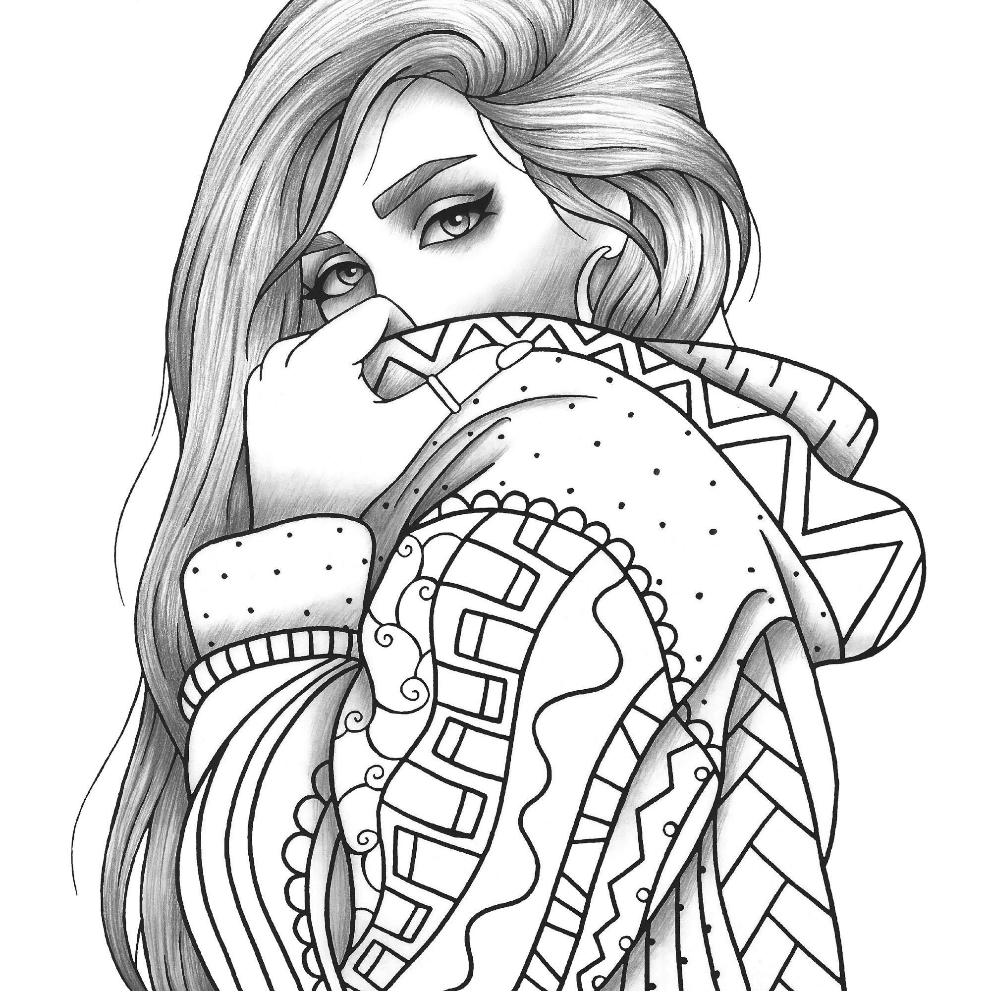 Adult coloring page girl portrait and clothes colouring sheet   Etsy