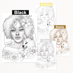Printable coloring page Black girl floral animal portrait image 2