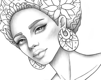 Printable coloring page african girl portrait colouring sheet black style pdf adult anti-stress relaxing zentangle line art