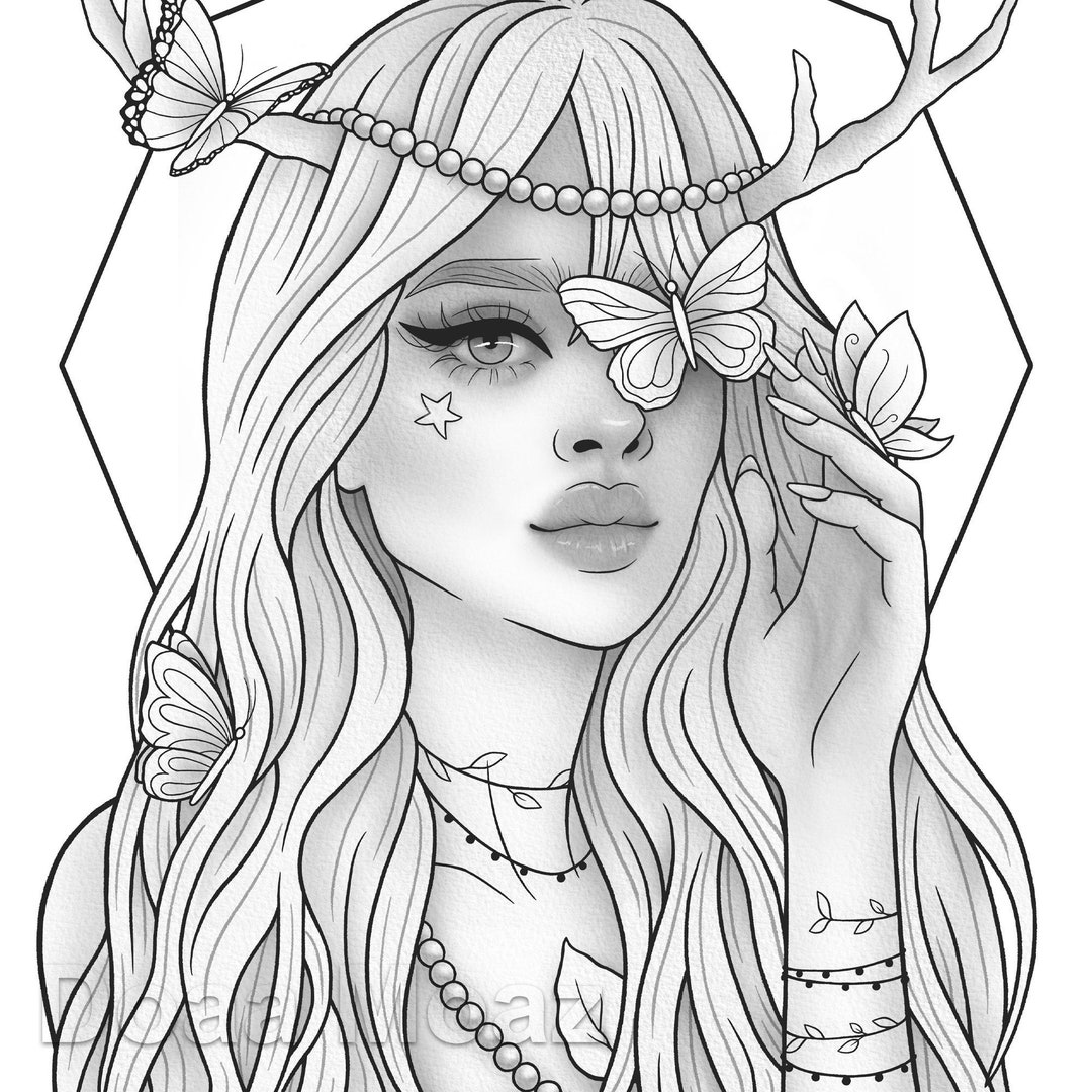 Printable Coloring Page Fantasy Character Girl Floral Portrait - Etsy