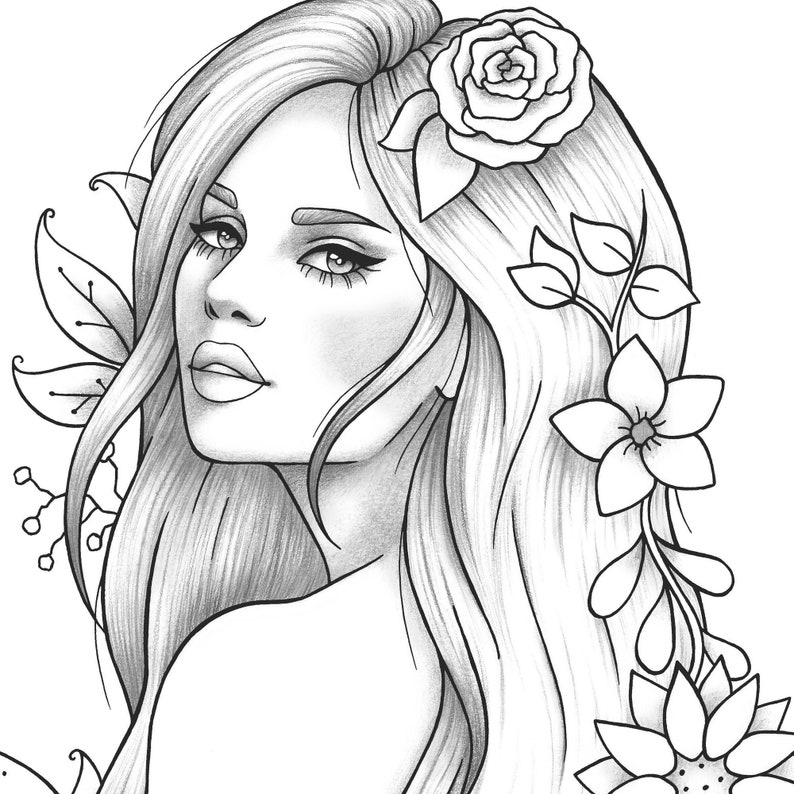 Printable coloring page girl portrait and clothes colouring sheet floral pdf adult anti-stress relaxing zentangle line art image 1