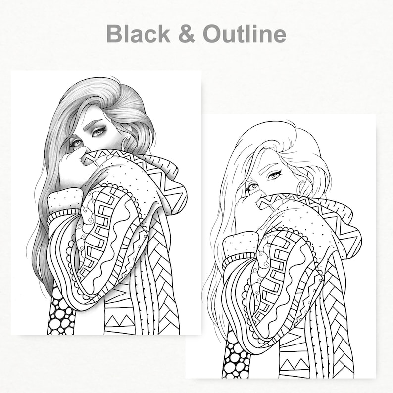 Adult coloring page girl portrait and clothes colouring sheet fashion pdf printable anti-stress relaxing zentangle line art image 2