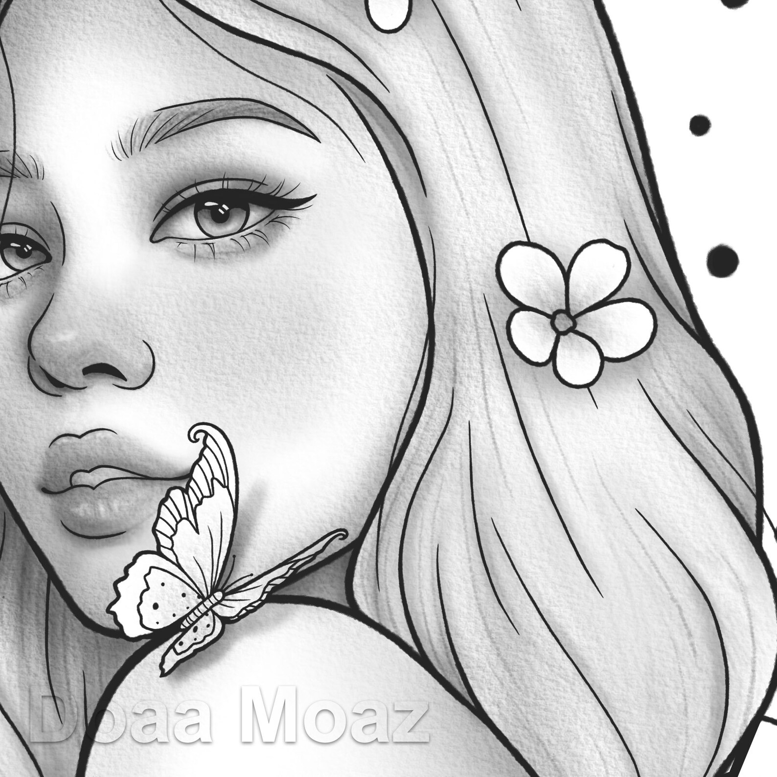 Printable coloring page Korean girl floral fantasy portrait | Etsy