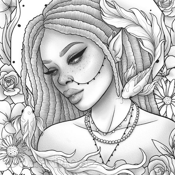 printable coloring page black girl dreadlocks floral etsy