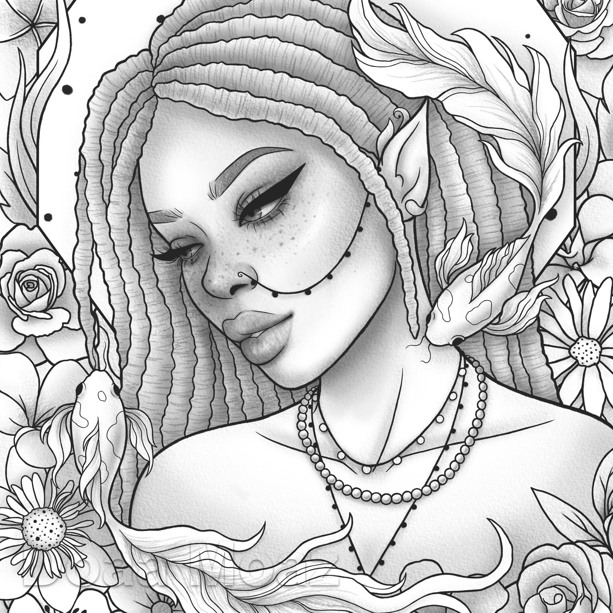 Printable Coloring Page Black Girl Dreadlocks Floral Etsy