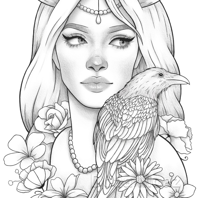 Adult coloring page Fantasy girl bird portrait | Etsy