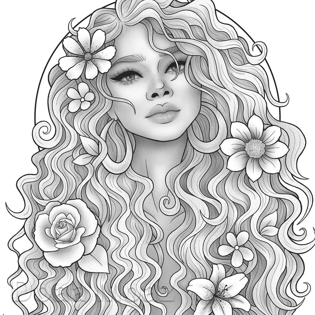 Beautiful Fantasy Women Faces Grayscale Coloring Book: 30 Beautiful Fantasy  Girls With Beautiful Hair Designs Braids and Curls Grayscale Coloring