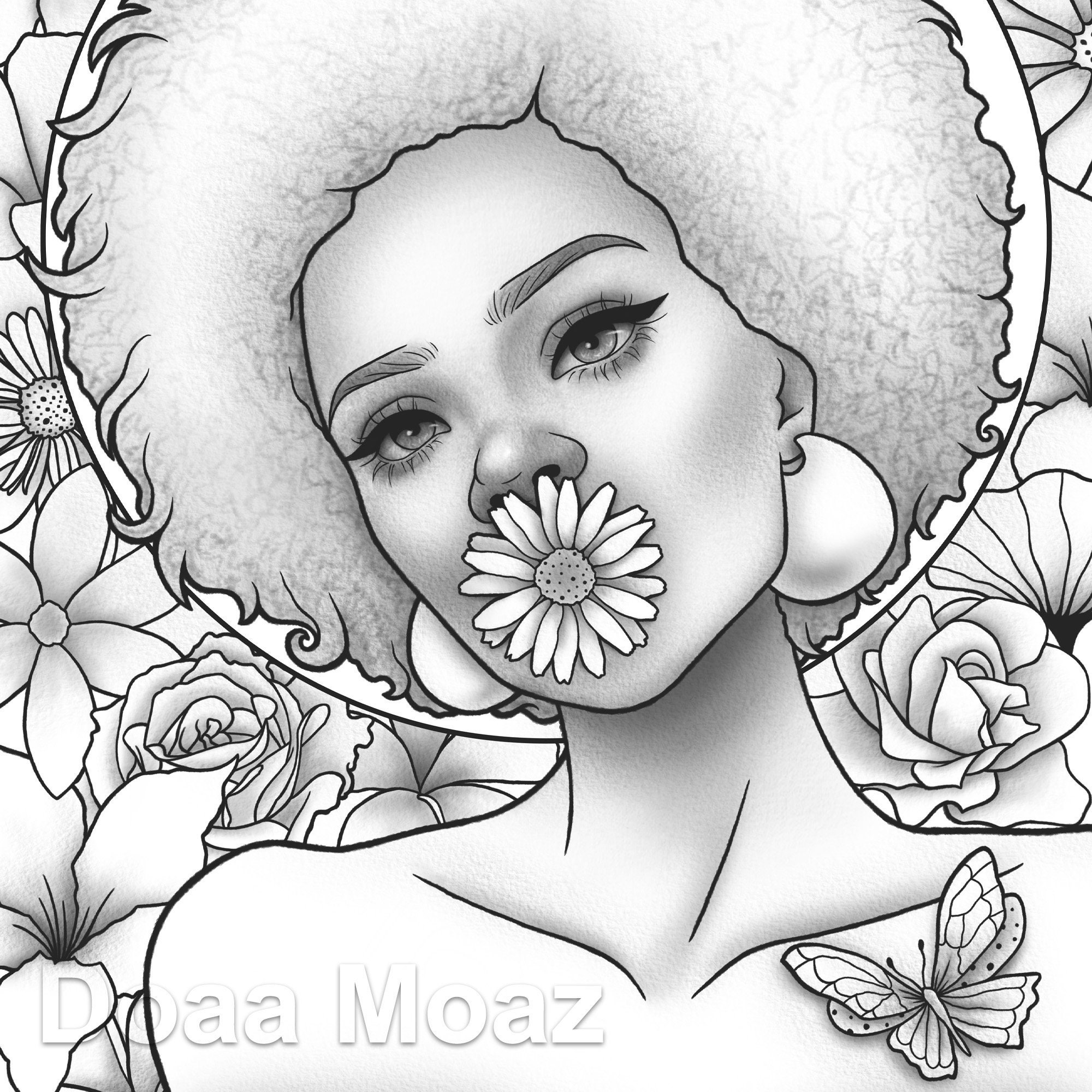 Printable coloring page Black girl floral portrait   Etsy