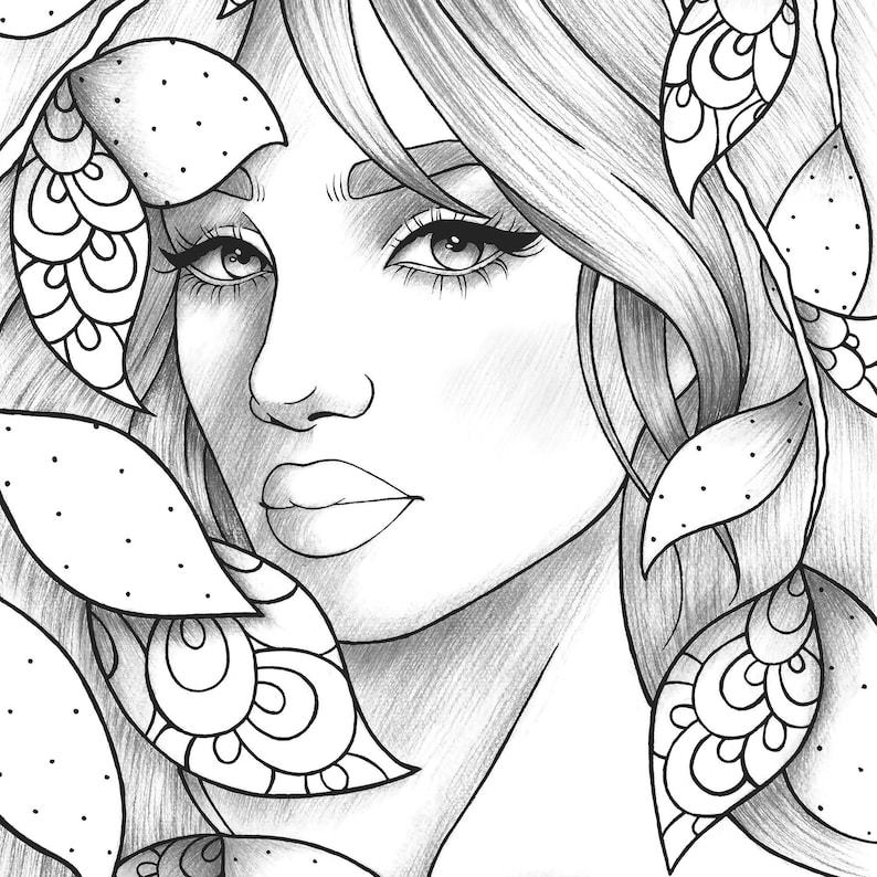 Download Adult coloring page girl portrait and leaves colouring sheet | Etsy