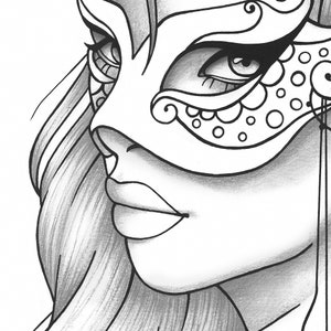 Printable coloring page girl portrait and mask colouring sheet | Etsy