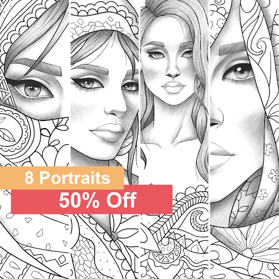 Download Adult Coloring Book 8 Gray Scale Portraits Coloring Pages Pdf Etsy