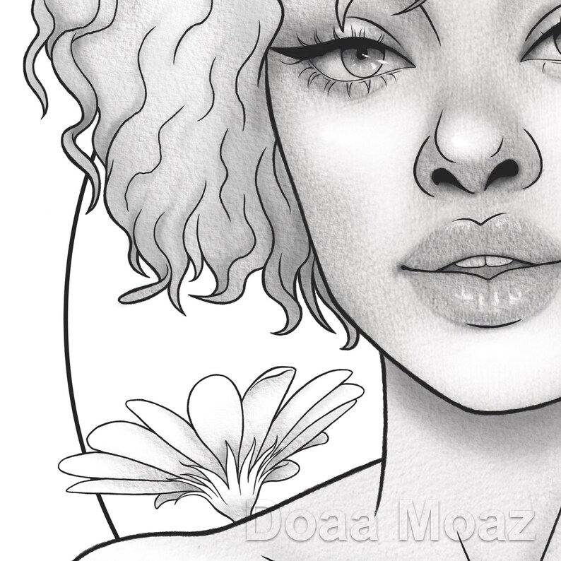 Printable coloring page Black girl floral animal portrait image 5