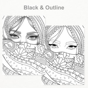 Printable coloring page girl portrait and clothes colouring sheet fashion pdf adult anti-stress relaxing zentangle line art image 2