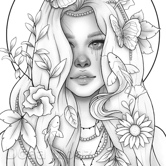 Printable Coloring Page Fantasy Floral Girl Portrait 