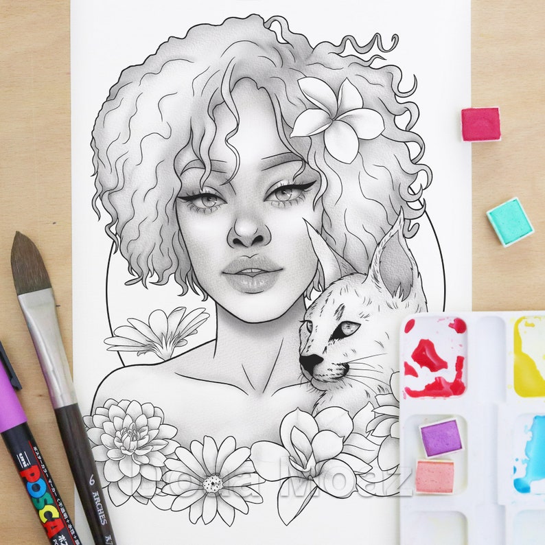 Printable coloring page Black girl floral animal portrait image 3