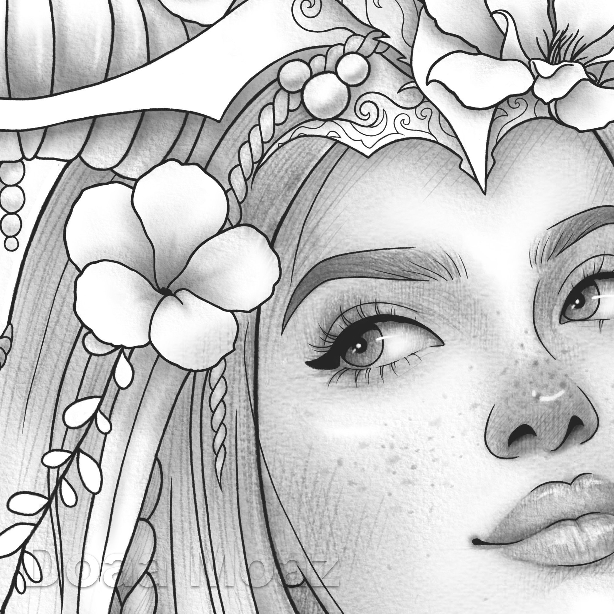 Printable Coloring Page Fantasy Floral Girl Portrait 