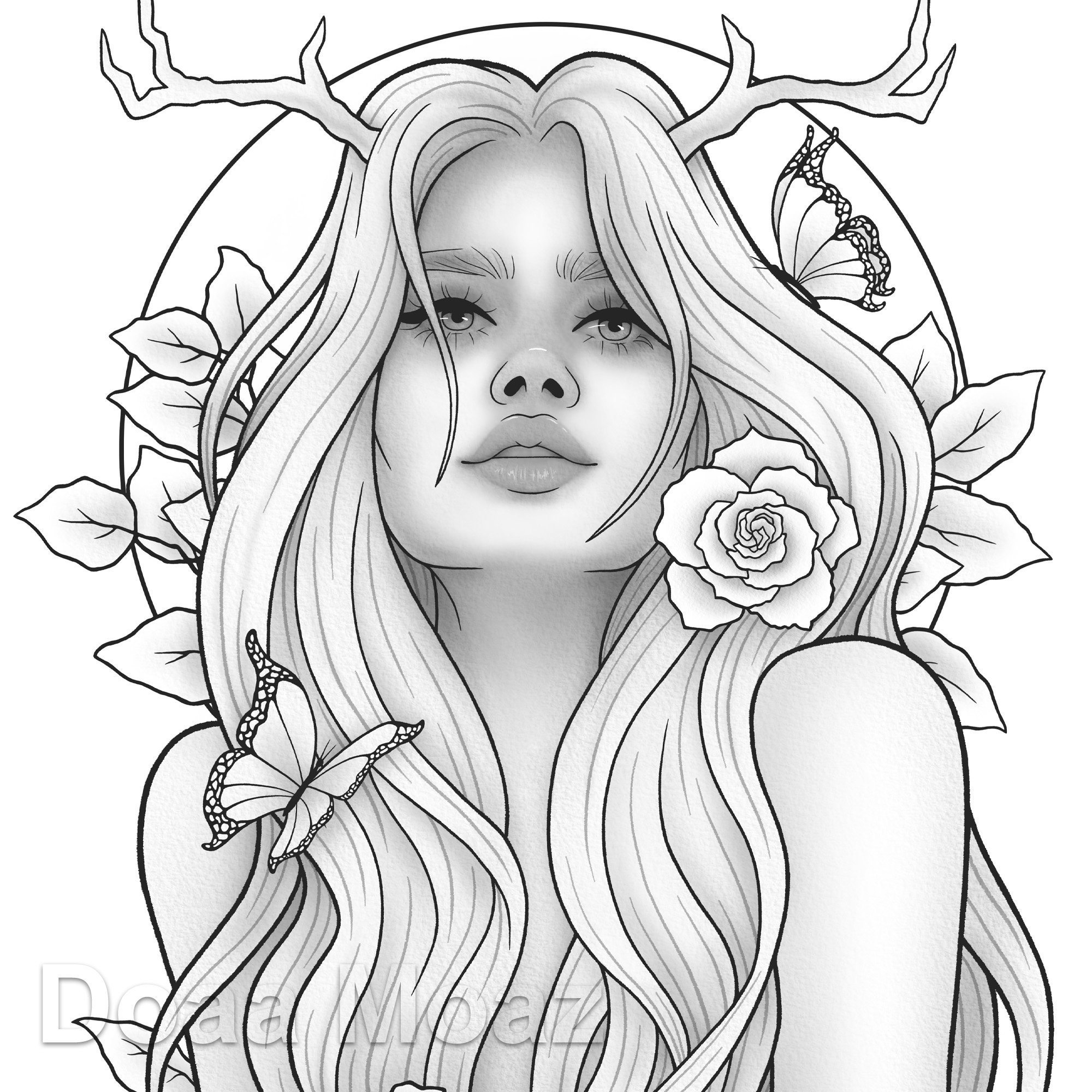Adult Coloring Page Fantasy Girl Animal Portrait 