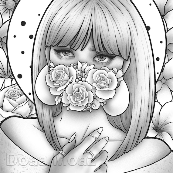 Printable Coloring Page Fantasy Floral Girl Portrait Wearing Mask