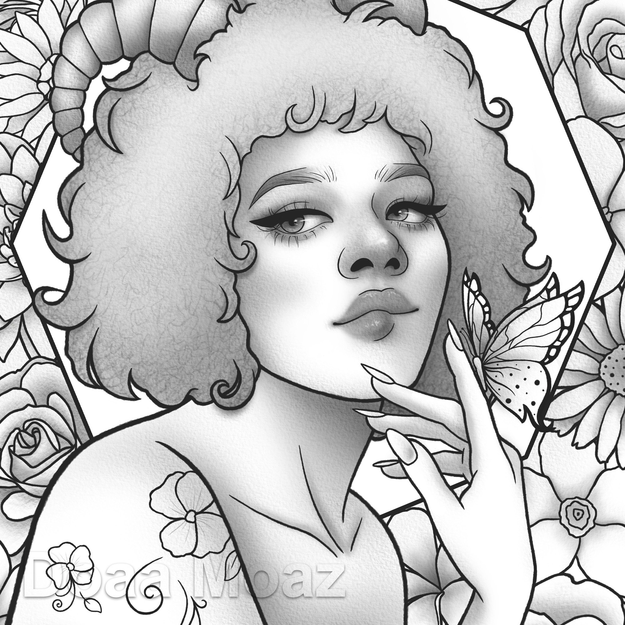 Printable coloring page Black girl floral portrait | Etsy