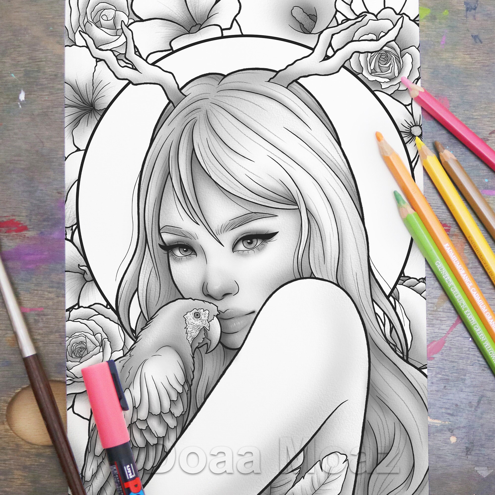 Printable Coloring Page Korean Girl Floral Fantasy Portrait - Etsy