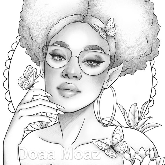 Printable Coloring Page Black Girl Floral Butterfly Portrait - Etsy