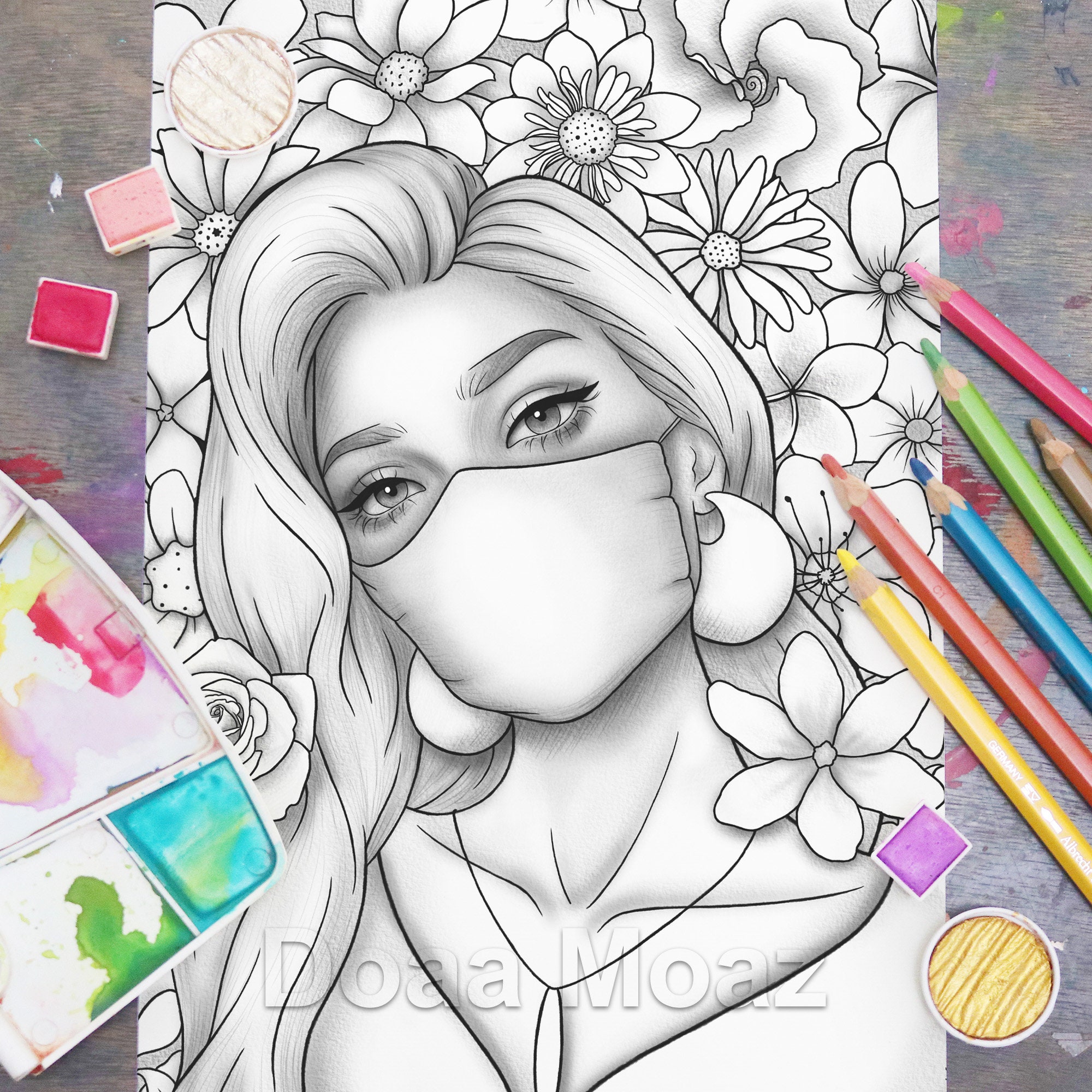 Printable Coloring Page Fantasy Floral Girl Portrait Wearing Mask
