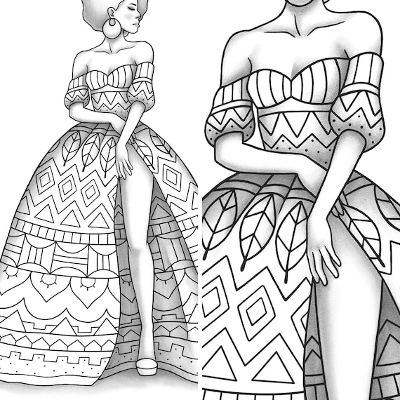 Download Printable Coloring Page African Fashion Colouring Sheet Model Etsy