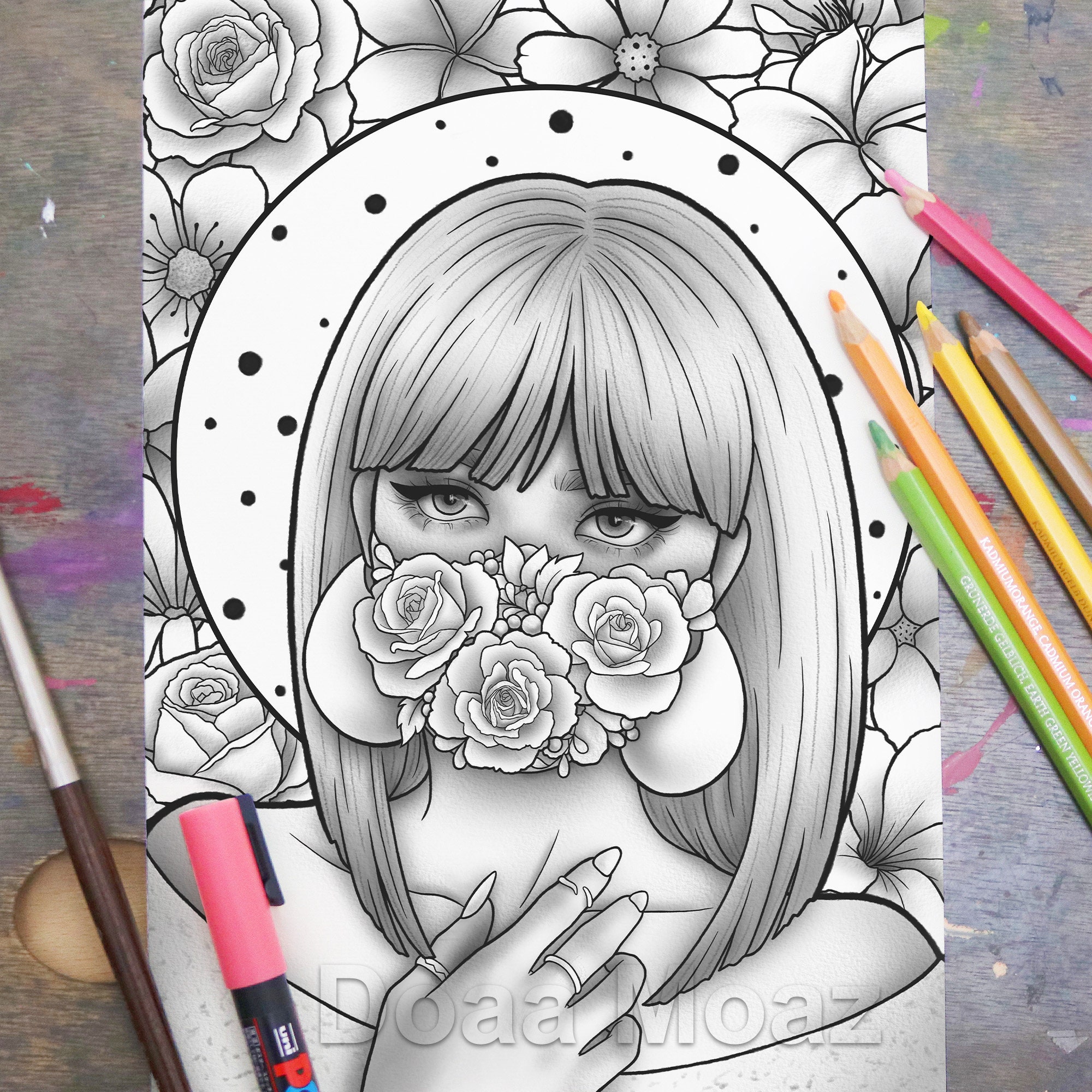 Printable Coloring Page Fantasy Floral Girl Portrait Wearing Mask