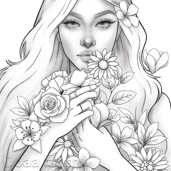 Adult Coloring Page Fantasy Girl Animal Portrait 