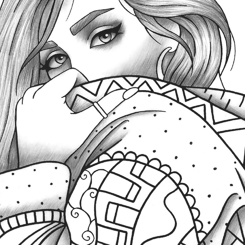 Adult coloring page girl portrait and clothes colouring sheet fashion pdf printable anti-stress relaxing zentangle line art image 4