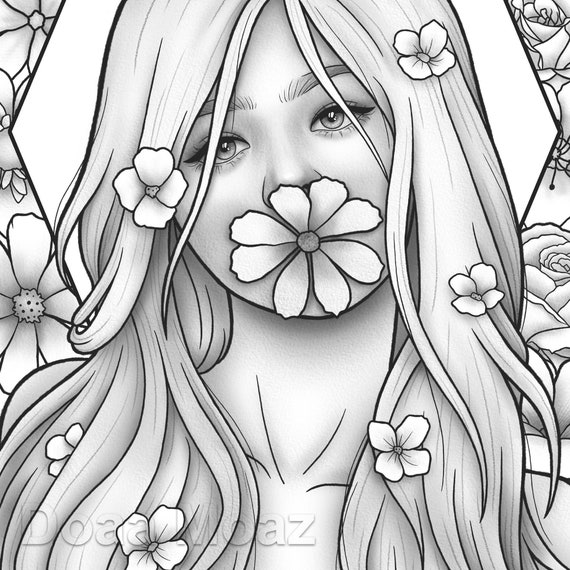 Printable Coloring Page Black Girl Floral Portrait 