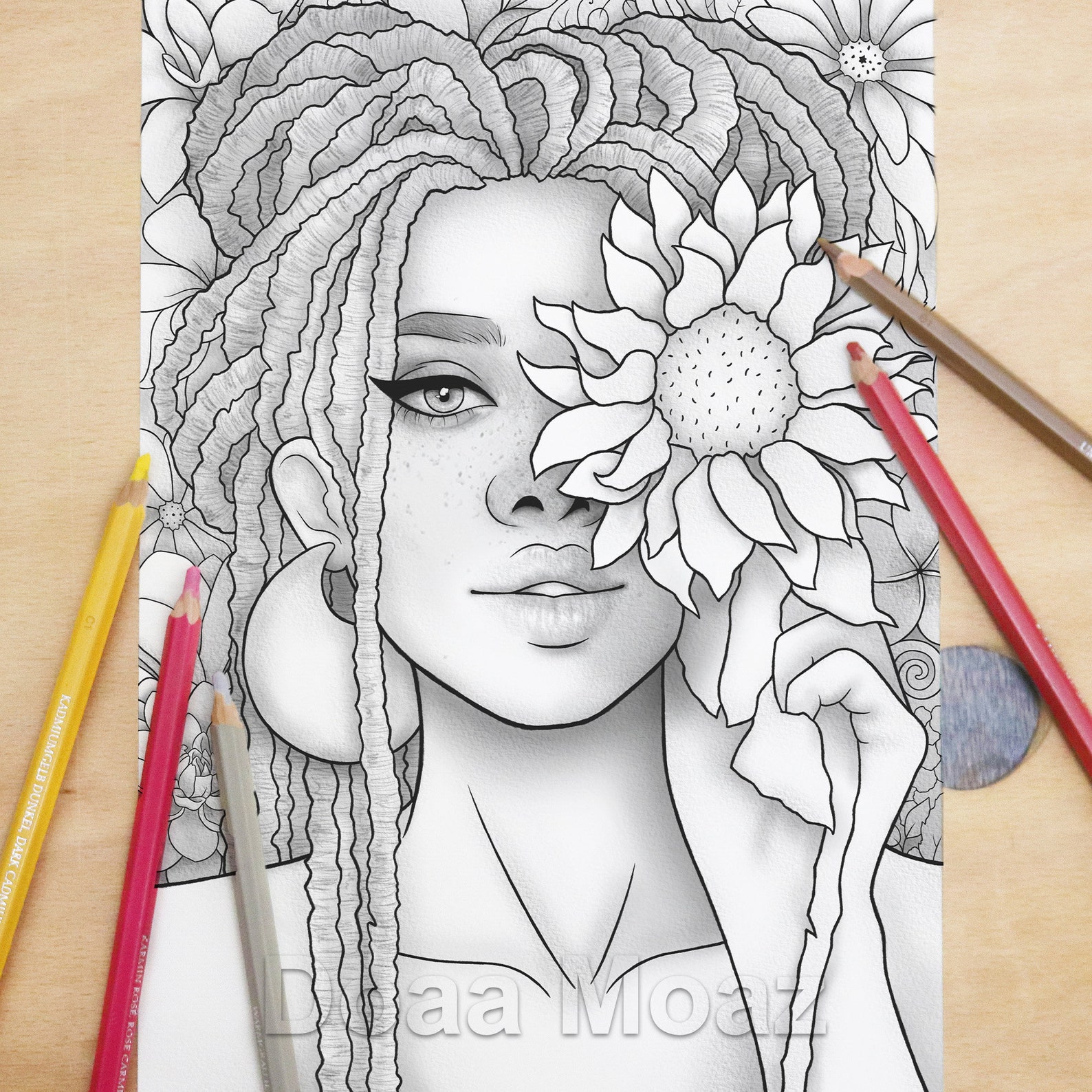 Printable coloring page Black girl floral portrait | Etsy