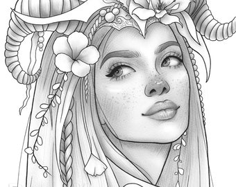 Adult Coloring Page Fantasy Girl Animal Portrait 