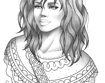 Printable coloring page girl portrait and clothes colouring sheet fashion pdf adult anti-stress relaxing zentangle line art