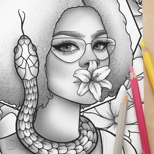 Printable coloring page Black girl snake floral portrait | Etsy