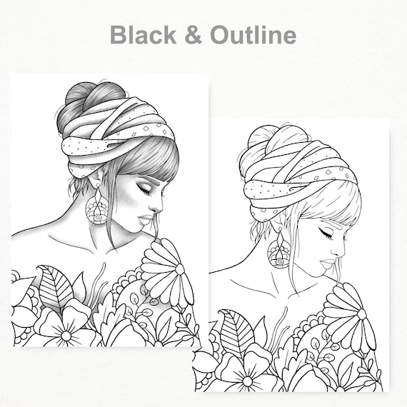 Printable Coloring Page Girl Portrait and Clothes Colouring Sheet Floral  Pdf Adult Anti-stress Relaxing Zentangle Line Art 