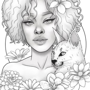 Printable coloring page Black girl floral animal portrait image 1